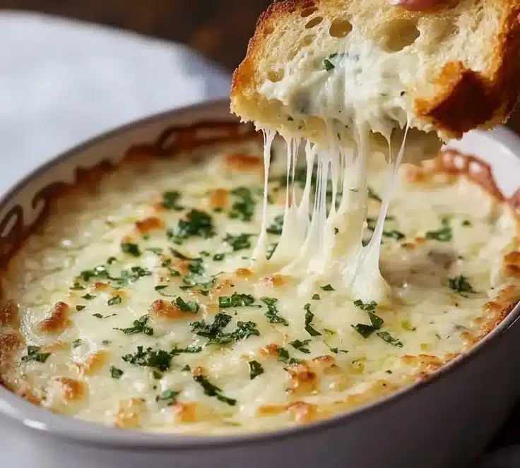 Creamy garlic bread dip served with fresh bread slices