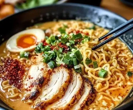 Bowl of creamy garlic chicken ramen topped with green onions and herbs