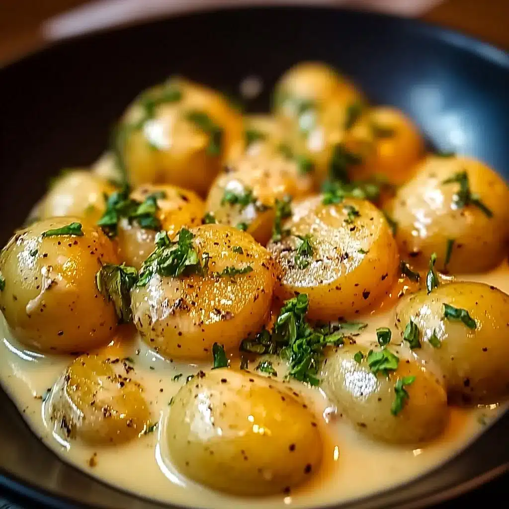 Creamy garlic sauce baby potatoes served in a bowl with fresh herbs