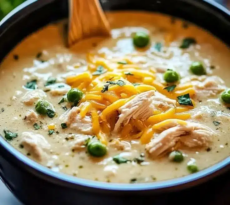 Bowl of creamy keto white chicken chili topped with herbs and spices