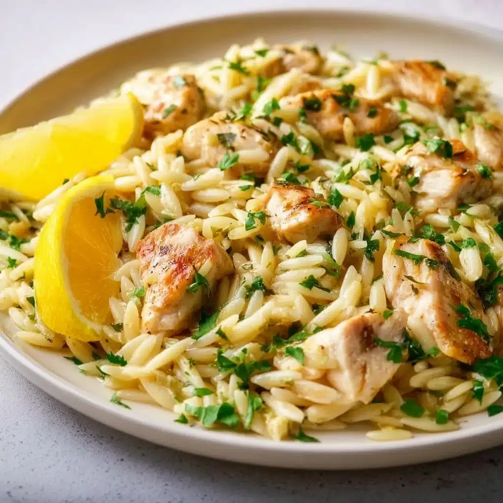 Creamy lemon chicken orzo dish garnished with fresh parsley.