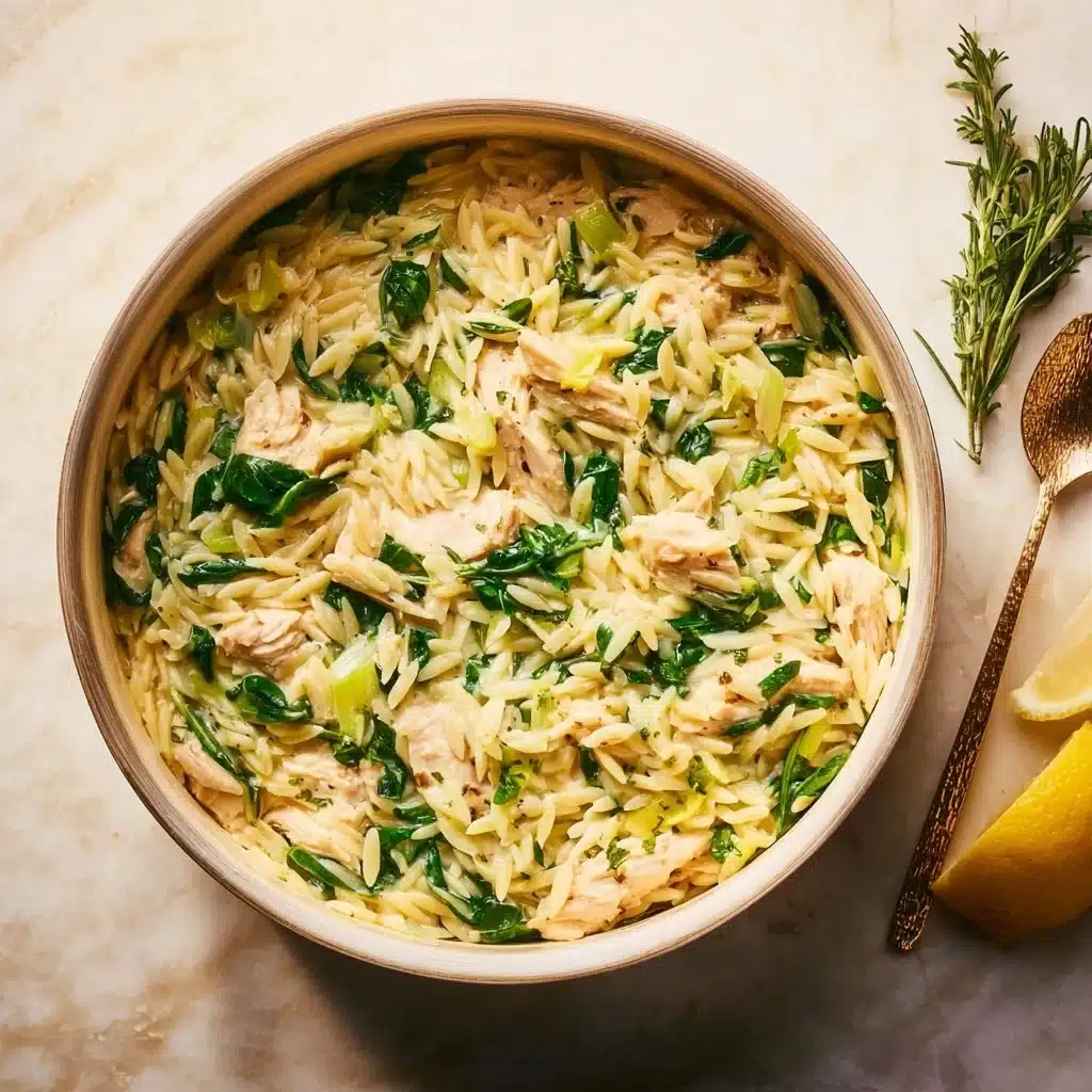 Creamy Lemon Chicken Orzo dish garnished with herbs and lemon slices