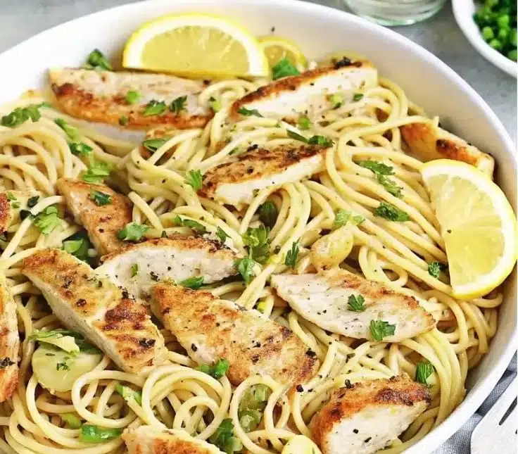 Creamy lemon chicken pasta served with herbs and grated cheese