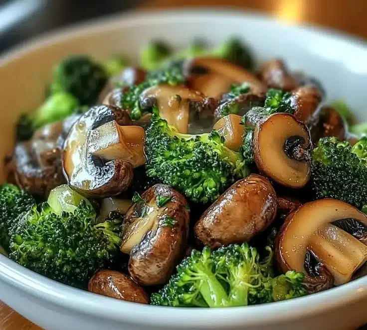 Creamy mushrooms and broccoli dish garnished for a delicious meal
