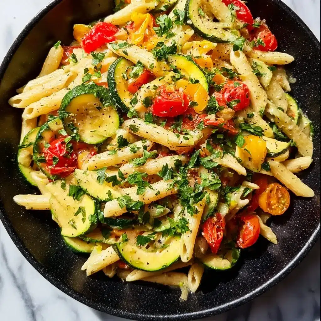 Creamy Pasta Primavera with colorful vegetables on a plate