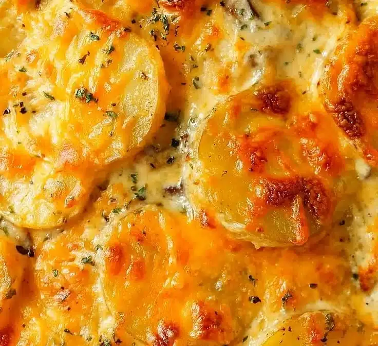 Creamy scalloped potatoes dish with layers of cheese and rich sauce