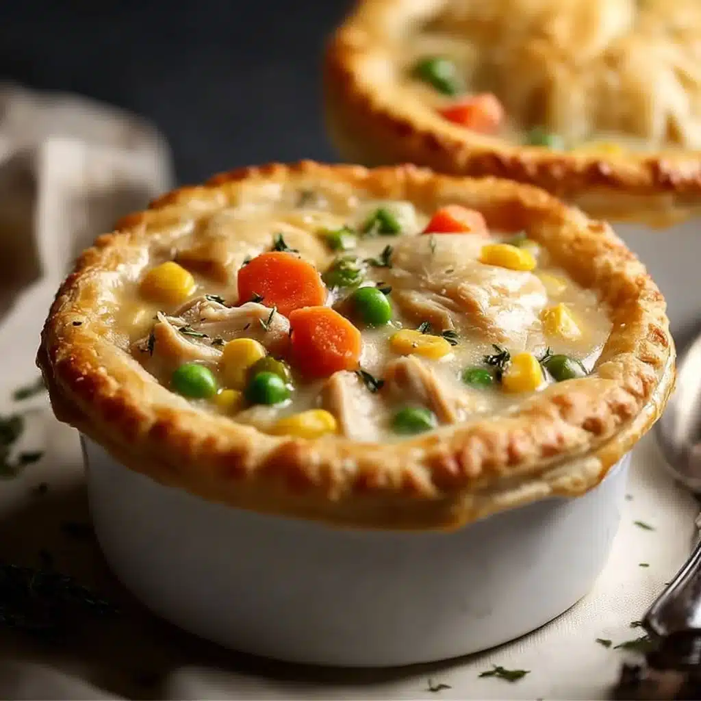 Creamy slow cooker pot pie with vegetables and chicken served in a bowl