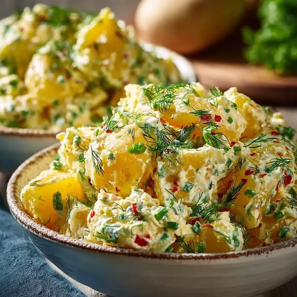 Creamy Southern style potato salad served in a bowl with fresh herbs garnish