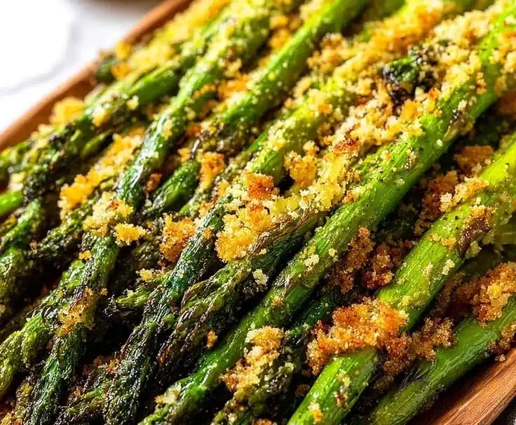Crispy asparagus with breadcrumbs on a plate, a healthy and tasty side dish.