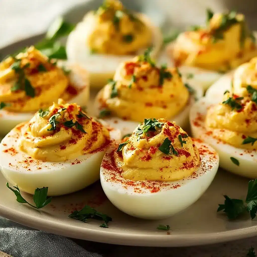 Plate of delicious deviled eggs garnished with paprika and herbs