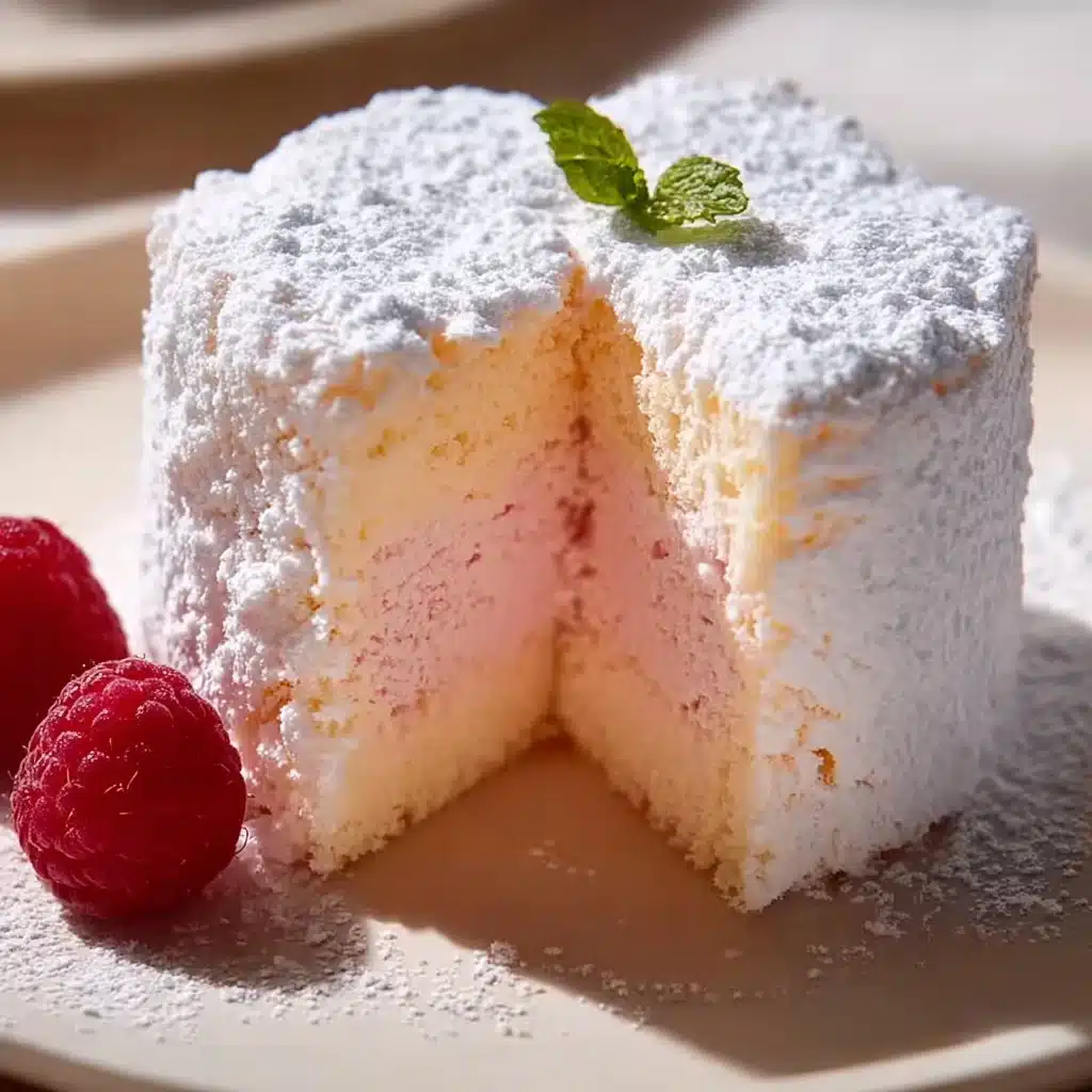 Dreamy Raspberry Angel Cake topped with fresh raspberries and whipped cream