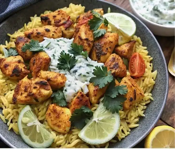 Delicious Dump and Bake Chicken Tzatziki Rice served in a bowl