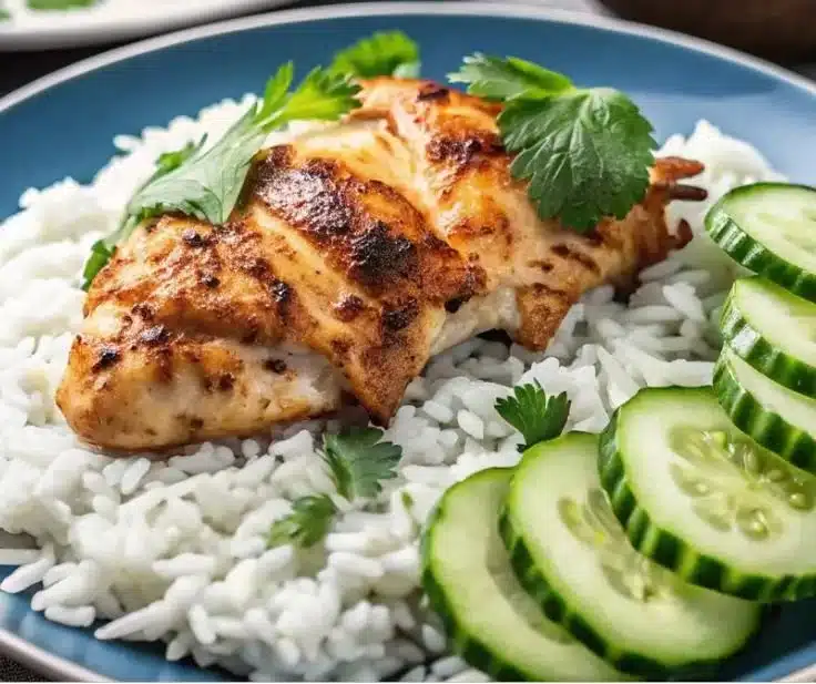 Dump and Bake Chicken Tzatziki with Rice 3 Delicious Dump and Bake Chicken Tzatziki served with rice on a plate