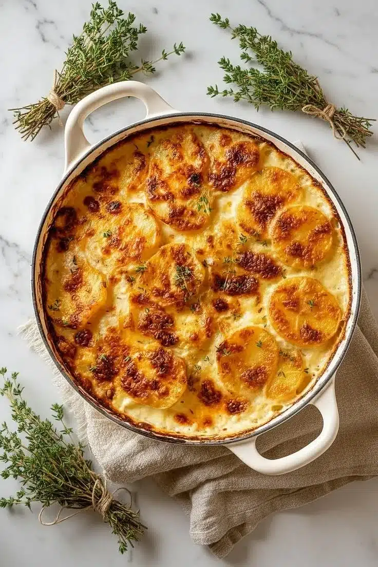 Delicious easy cast iron skillet scalloped potatoes in a creamy cheese sauce