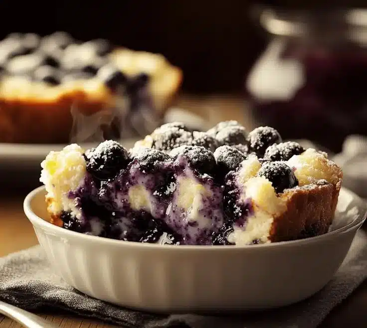 Easy cheesecake blueberry dump cake topped with fresh blueberries