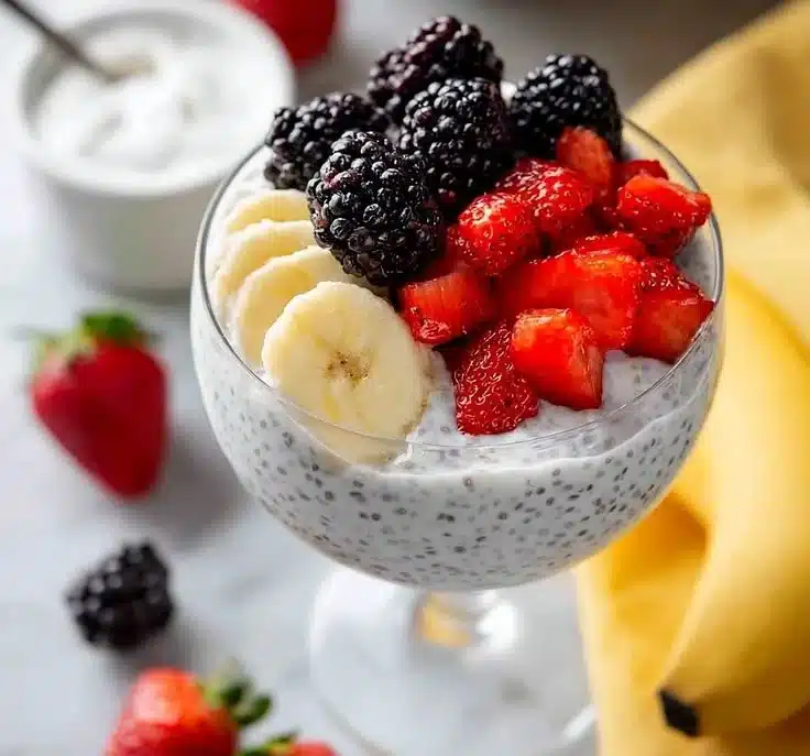 Delicious Greek yogurt chia pudding with fresh fruits and nuts