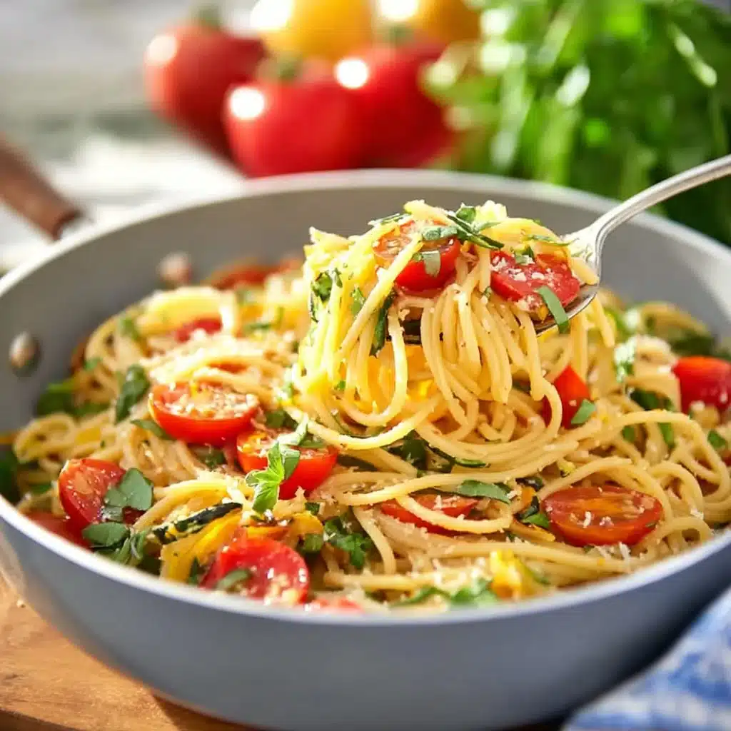 Delicious one pot pasta primavera with colorful vegetables and herbs