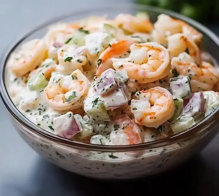 Fresh New York Deli Shrimp Salad with shrimp and greens in a bowl