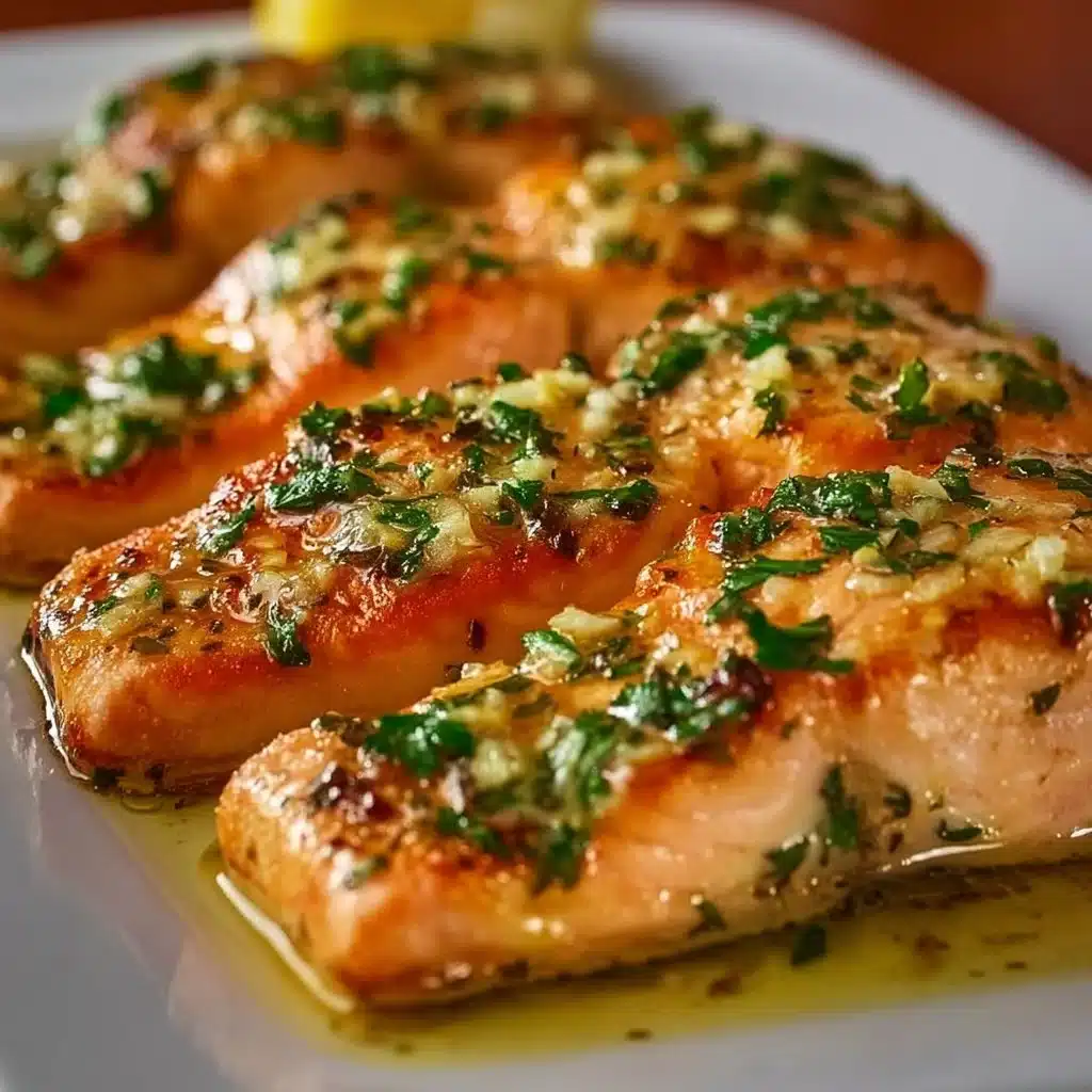 Delicious Garlic Butter Baked Salmon served with fresh herbs.