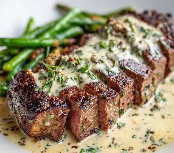Juicy garlic butter steak topped with creamy Parmesan sauce.