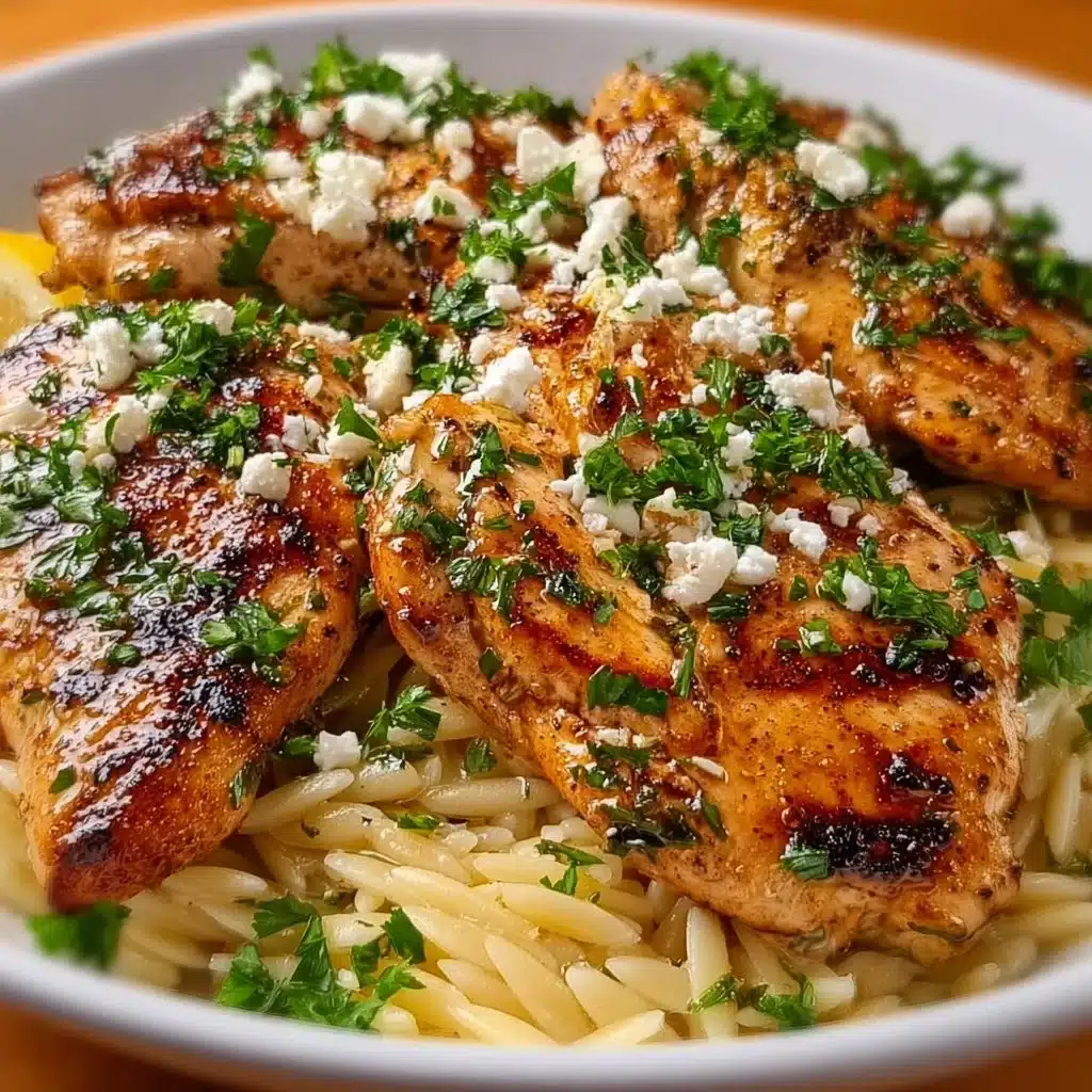 Plate of Greek Lemon Chicken with Orzo, garnished with herbs and lemon slices