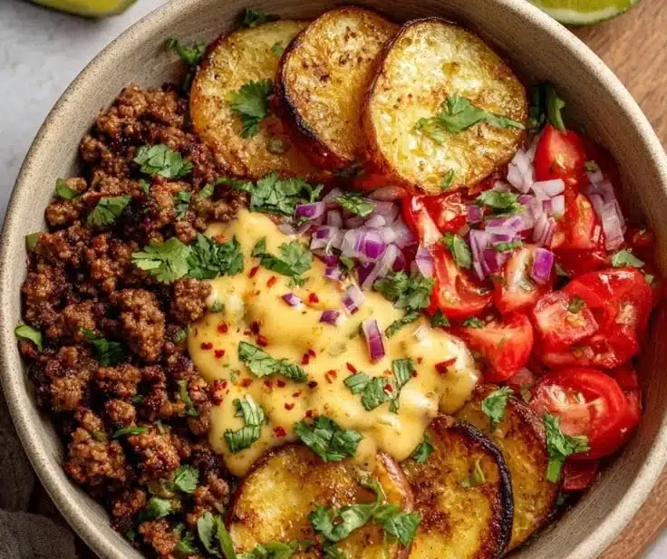 Delicious Ground Beef & Potato Taco Bowl loaded with flavors.