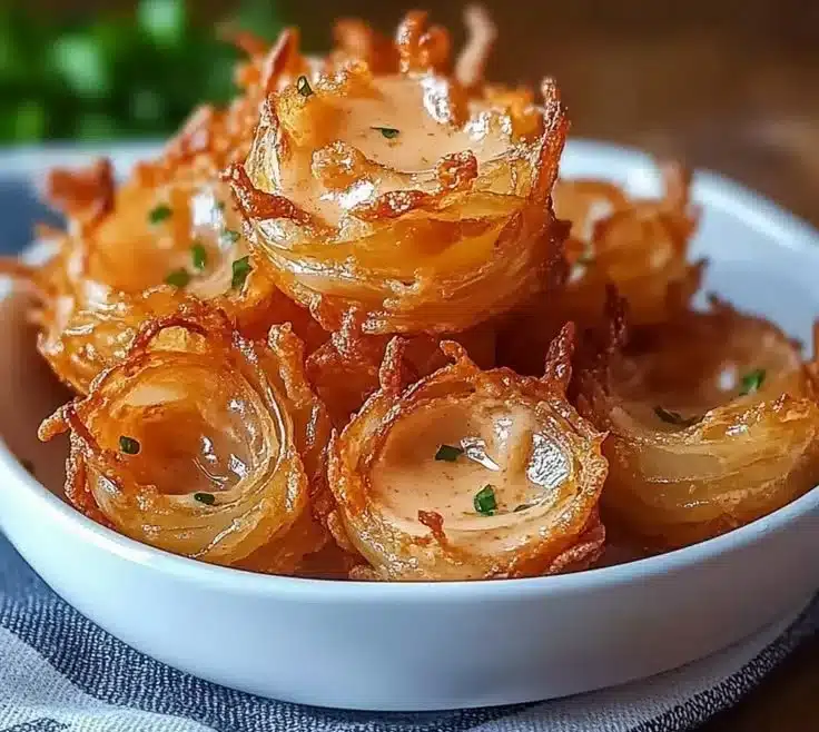 Guilt-Free Air Fryer Crispy Mini Blooming Onions 3 Crispy mini blooming onions made in an air fryer for a guilt-free treat