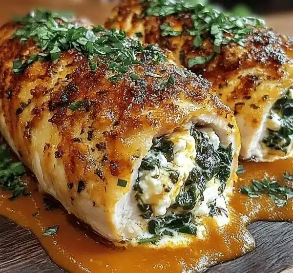Herbed ricotta stuffed chicken rolls ready to serve with fresh herbs on top.