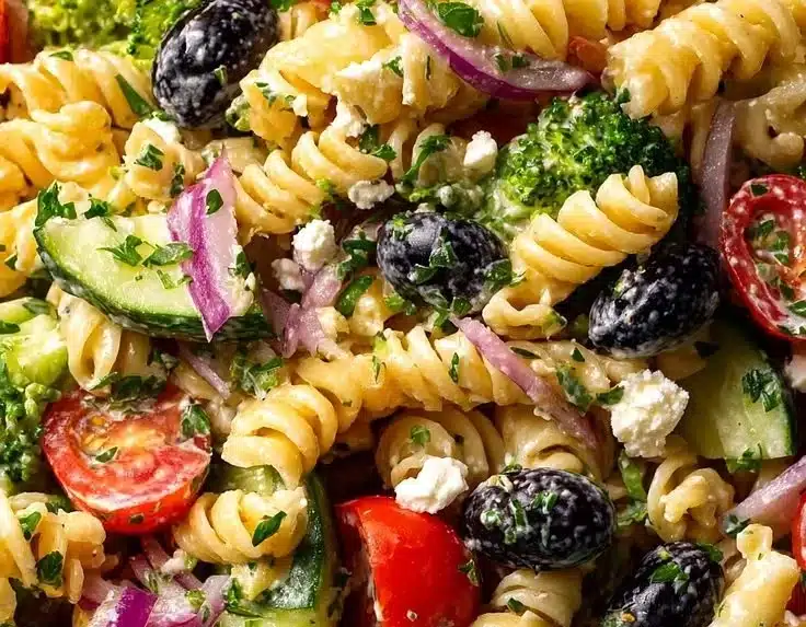High protein pasta salad with colorful vegetables and dressing in a bowl