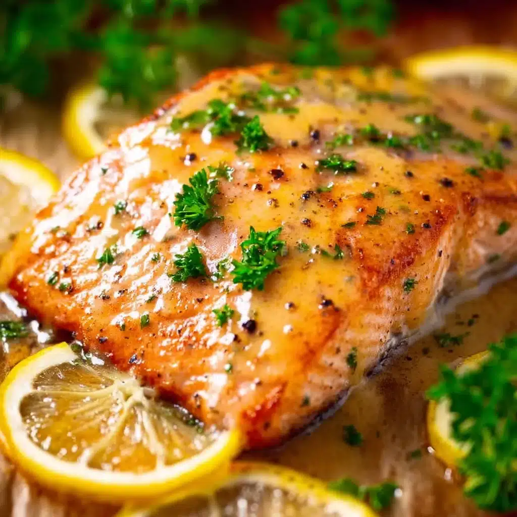 Honey Dijon Salmon on a sheet pan with vegetables, ready to serve.