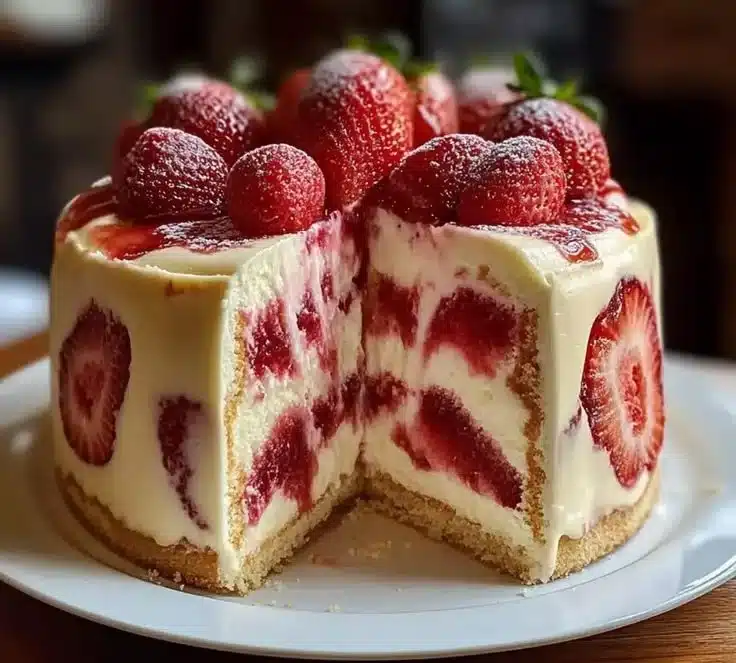 Indulgent Strawberry Cheesecake Pound Cake 3 Slice of indulgent strawberry cheesecake pound cake with fresh strawberries on top