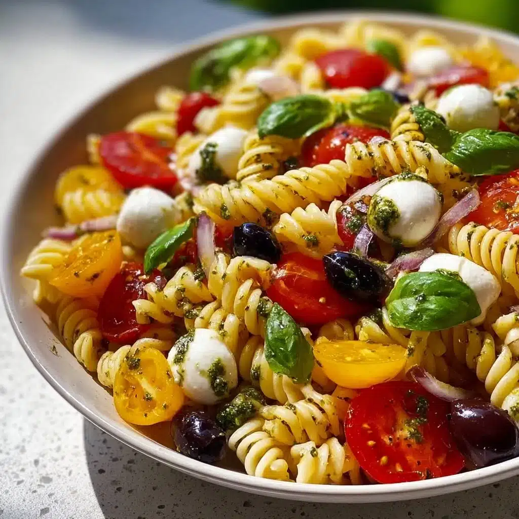 Italian pasta salad with colorful vegetables and dressing in a bowl
