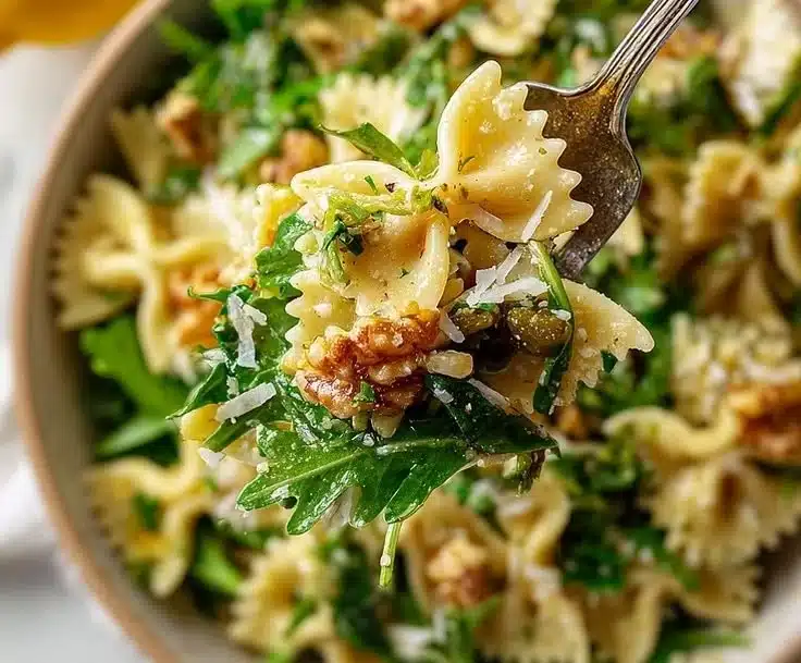 Lemon Arugula Pasta Salad with fresh ingredients in a bowl