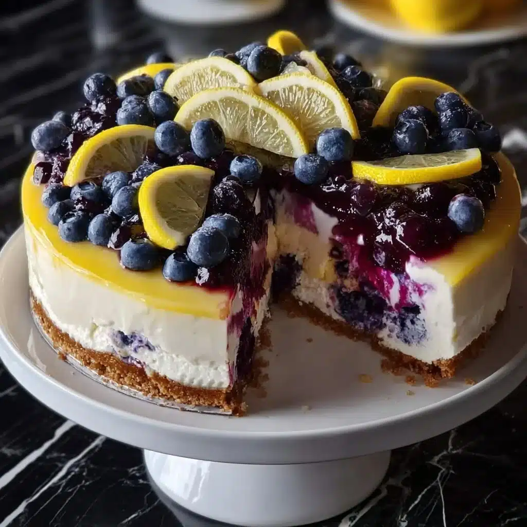 Slice of lemon blueberry cheesecake topped with fresh blueberries