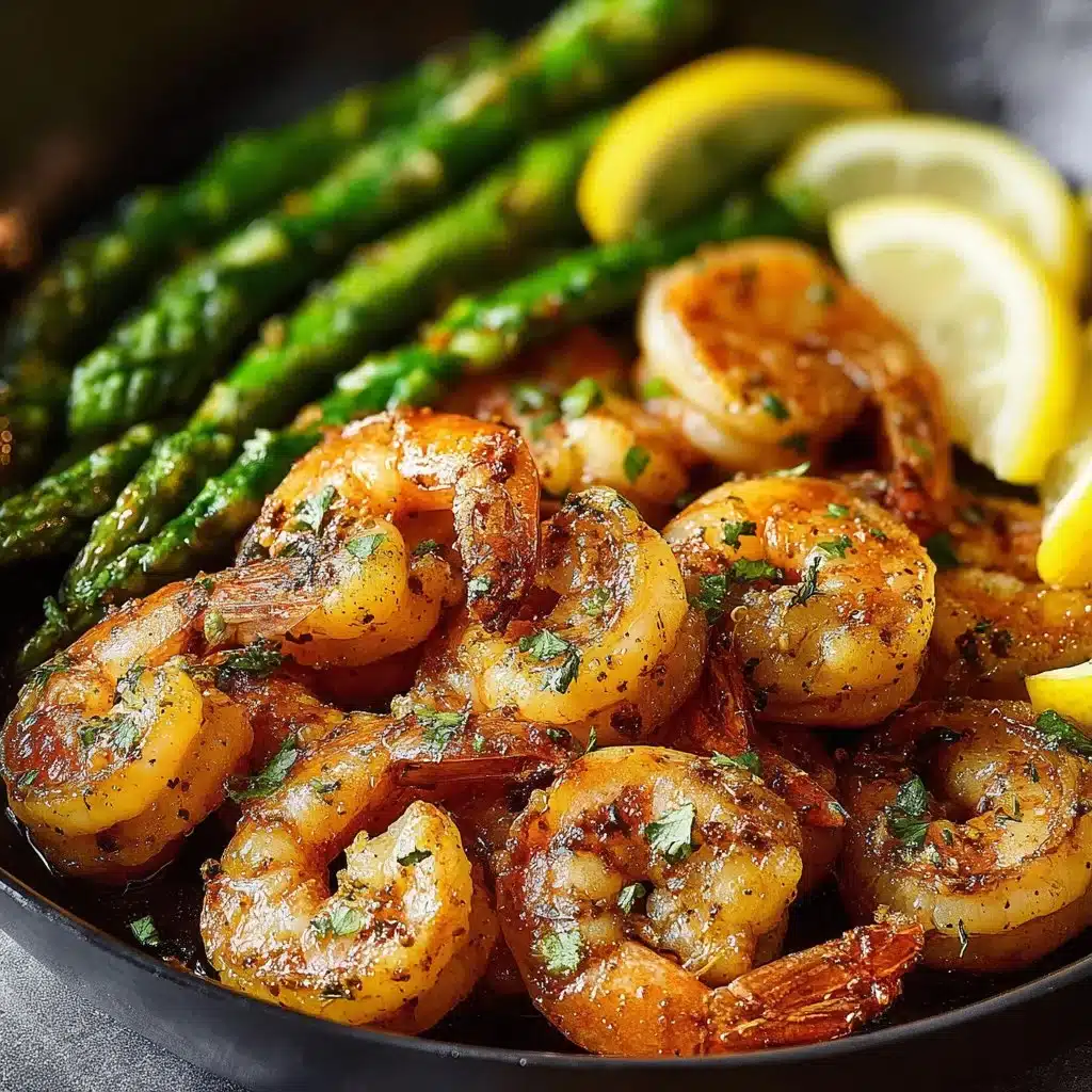 Lemon Garlic Shrimp and Asparagus 3 Delicious Lemon Garlic Shrimp served with fresh asparagus on a plate.