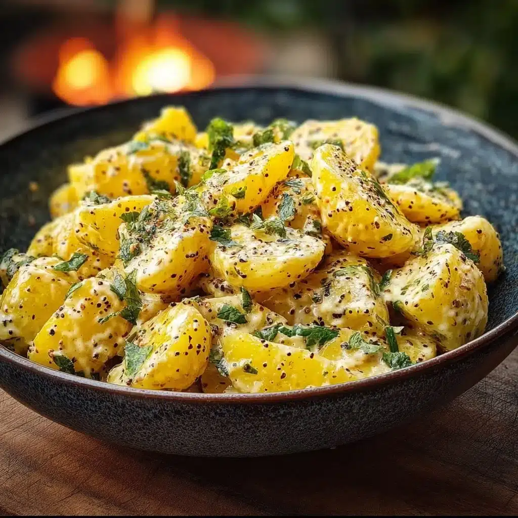 Bowl of colorful mustard potato salad with herbs and spices