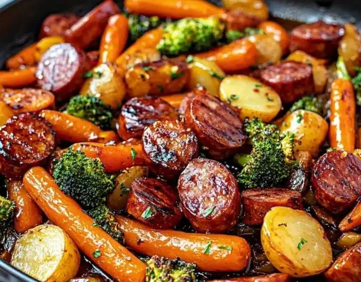 One-Pan Honey Garlic Kielbasa with Veggies including broccoli and potatoes