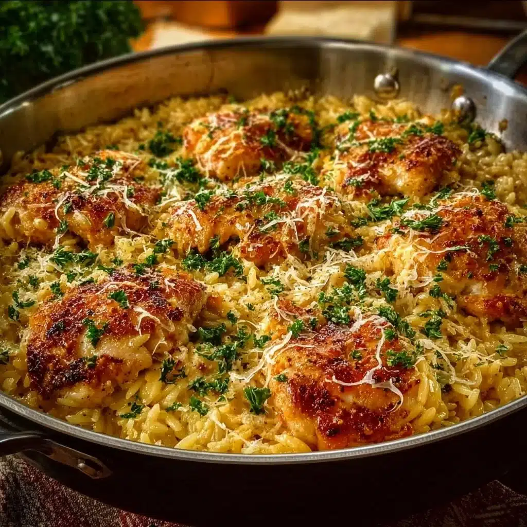 Delicious one pan orzo chicken bake with veggies and herbs
