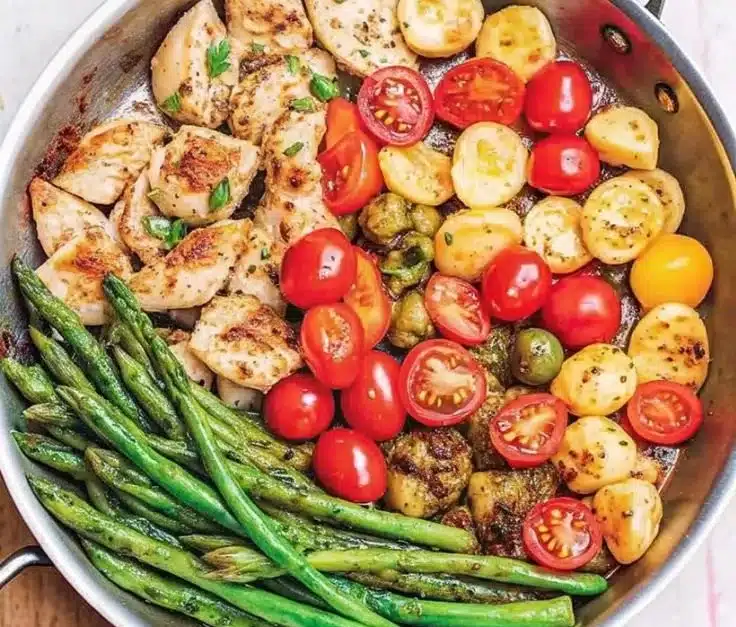 One-Pan Pesto Chicken Tortellini with fresh veggies for a quick meal