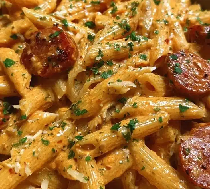 One-pot creamy spicy Cajun sausage pasta served in a bowl