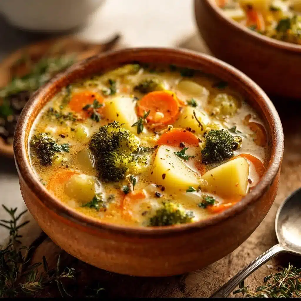 Bowl of one pot creamy vegetable soup with fresh vegetables and herbs.