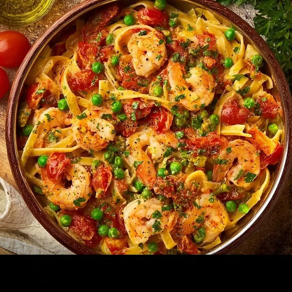Plate of Pasta Primavera with Shrimp and colorful vegetables