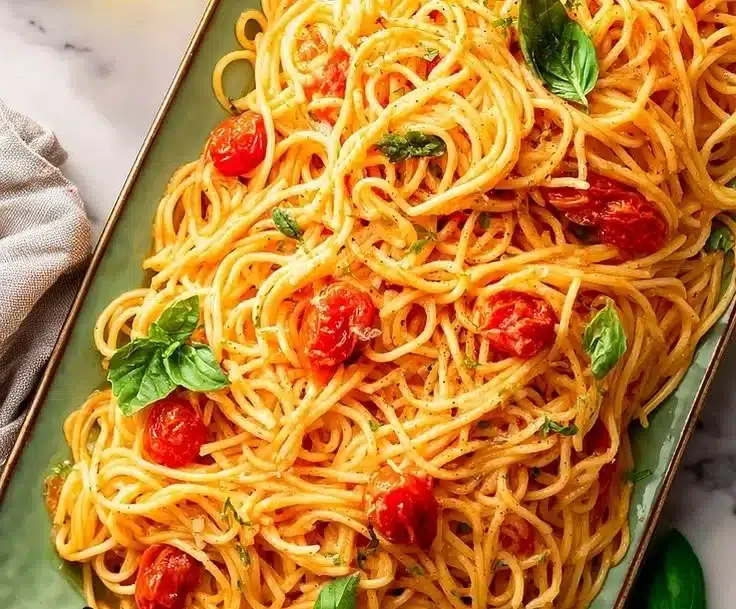 Bowl of quick cheesy tomato garlic pasta with fresh herbs and grated cheese