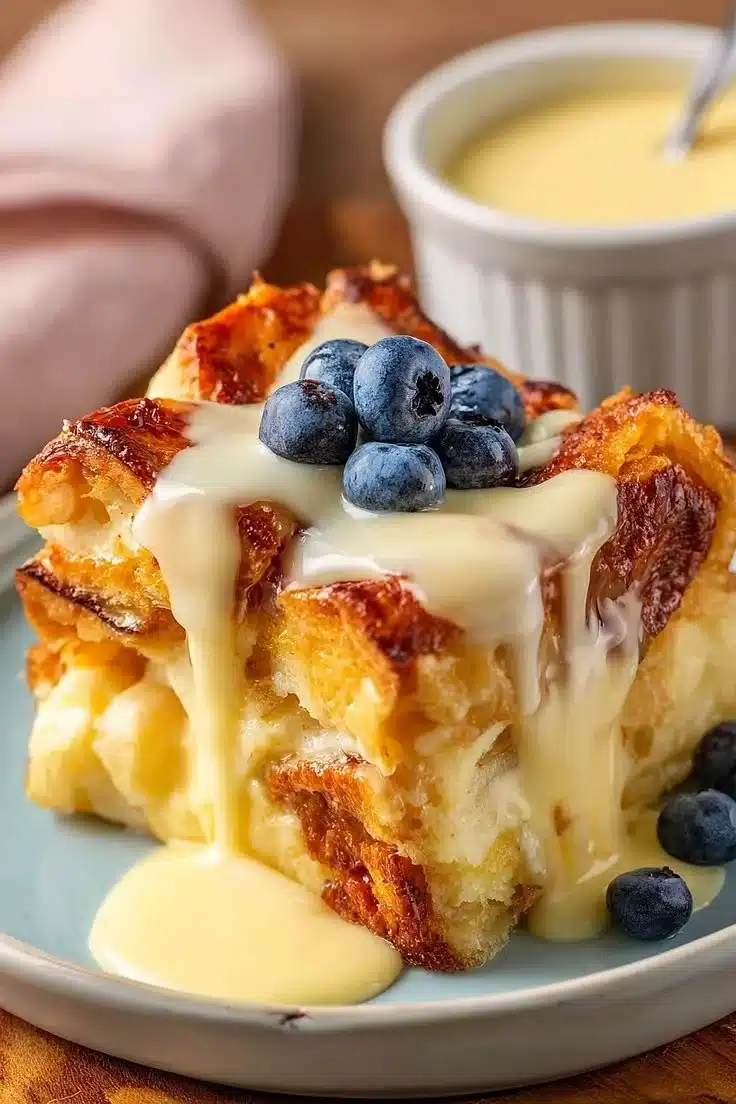 Delicious quick croissant bread pudding served in a dish.