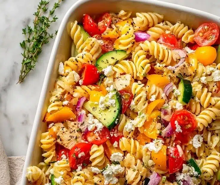 Colorful and healthy high protein Greek pasta salad in a bowl