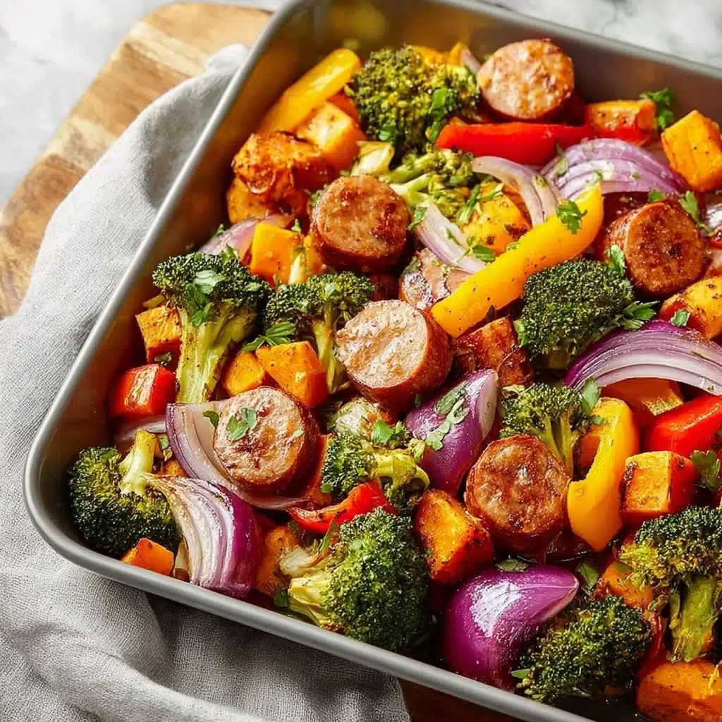 Quick sheet pan chicken sausage with vegetables ready for serving