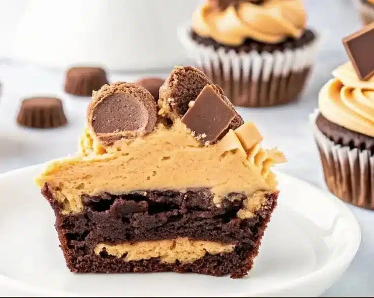 Delicious Reese's Peanut Butter Brownie Cupcakes topped with creamy peanut butter frosting.