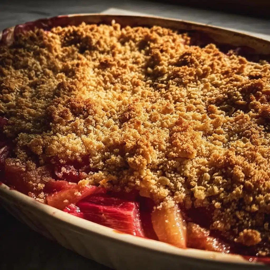 A homemade rhubarb crisp dessert topped with oats and brown sugar.