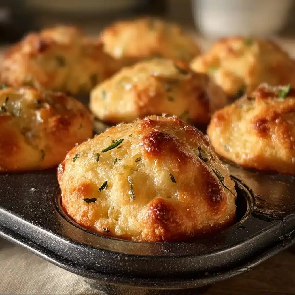 Freshly baked rosemary garlic focaccia muffins with a golden crust.