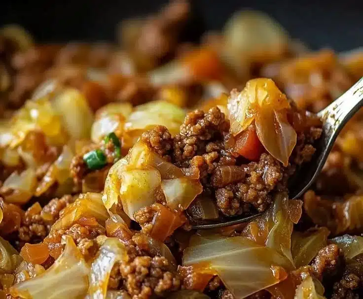 Savory beef and cabbage skillet cooked in a pan with fresh ingredients